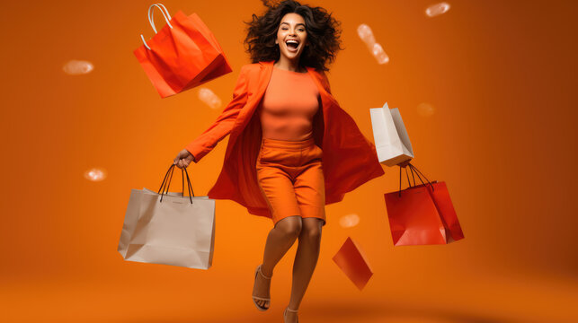 Beautiful attractive smiling woman holding shopping bags posing on orange background