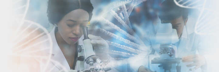 Doctor or scientist in laboratory, molecular and DNA structure and cells sample, medicine...