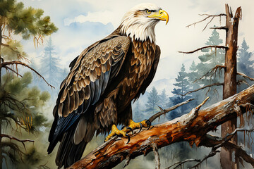 Fototapeta premium A bald eagle standing on a branch drawn with watercolor
