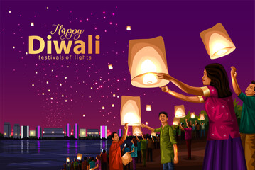 Indian festival of lights Happy Diwali with celebrating group of people, holiday Background, Diwali celebration greeting card, vector illustration design.