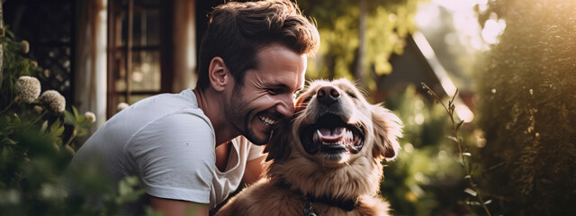 Happy man and his dog outdoors in the summer - obrazy, fototapety, plakaty