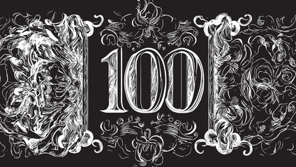 "100" text in black and white with mystical patterns. Vector illustration for the 100th anniversary celebration.