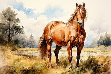 Obraz premium A brown horse standing on meadow drawn with watercolor