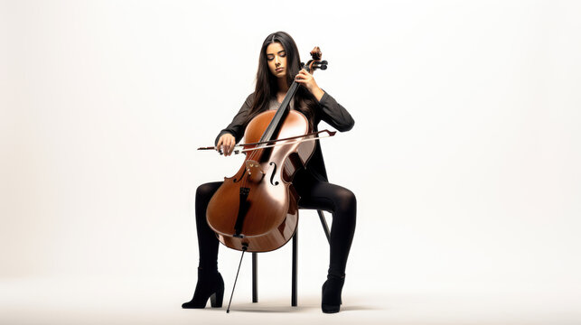 Young woman playing cello on white background