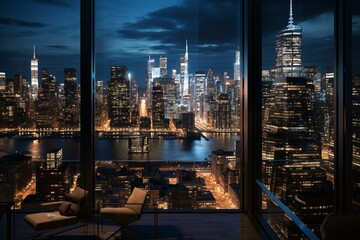 Fototapeta na wymiar Nighttime view of Manhattan's skyscrapers from a high-rise interior at Hudson Yards. Expensive real estate in 3D rendering. Generative AI
