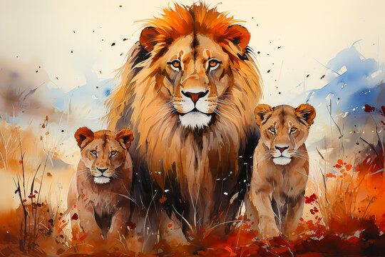 A Lion family in the wild drawn with watercolor