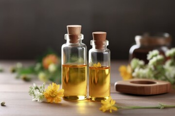 Obraz na płótnie Canvas Aromatherapy blend of natural oils in clear bottle. Generative AI