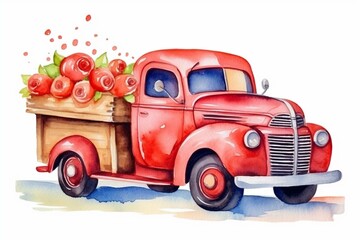 Red truck with heart cookies. Watercolor Valentine's car, love wedding graphics. Loads of love postcard. Generative AI