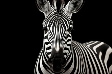 Fototapeta na wymiar Portrait of a young zebra standing isolated on black background
