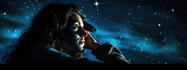 Astronomer looks at the night sky through a telescope