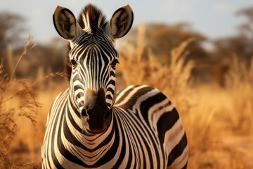 Portrait of a young zebra standing against a green bush