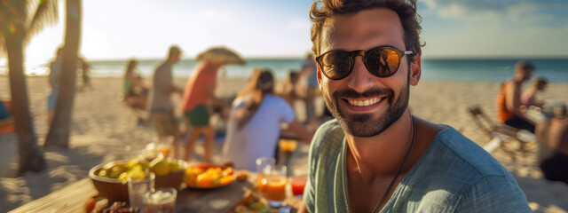 Portrait of a smiling man on the beach against the background of vacationing people