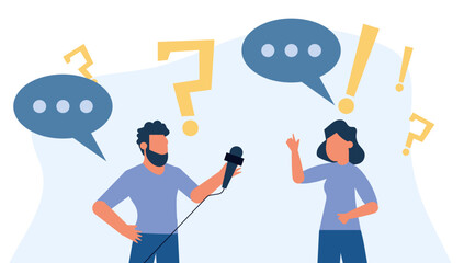 News reporter television illustration man with woman. Broadcasting communication journalist report media live. Interview with microphone newscaster banner. Channel paparazzi show video speech