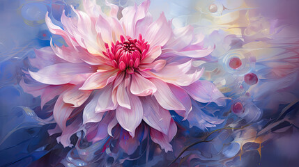 a painting of a pink flower on a blue background.   Oil Painting of a Crimson color flower, Perfect for Wall Art.