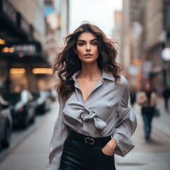 Fototapeta premium photo of a beautiful Armenian supermodel, in stylish clothes against the backdrop of skyscrapers. Fashion and style concept.