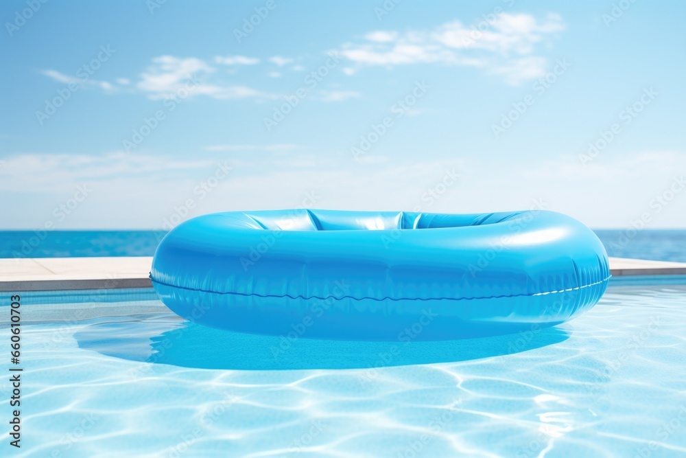 Poster An inflatable pool float is pictured in the middle of a swimming pool. This image can be used to showcase a fun and relaxing summer pool party or to promote pool accessories and leisure activities.