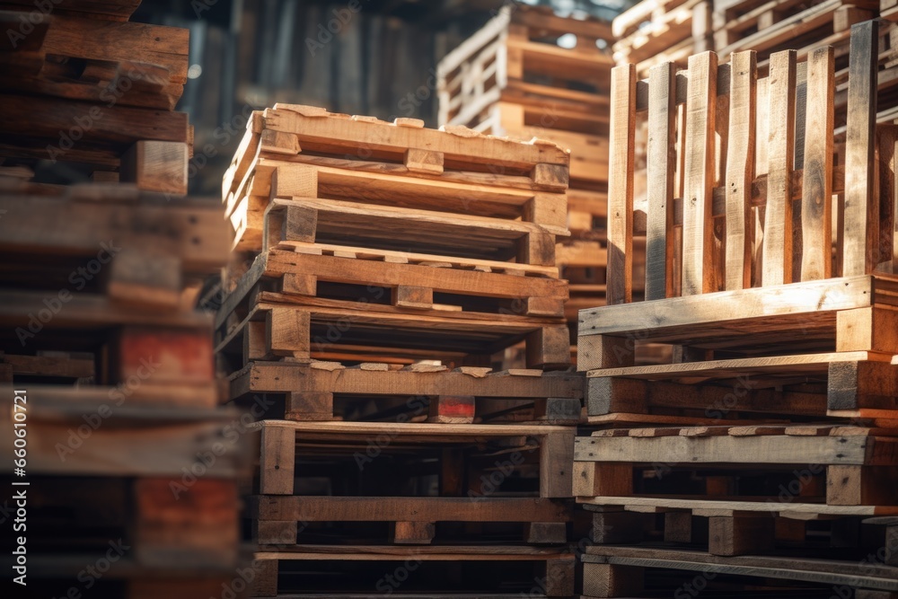 Poster A pile of wooden pallets stacked on top of each other. This versatile image can be used to represent logistics, transportation, storage, shipping, or industrial concepts.