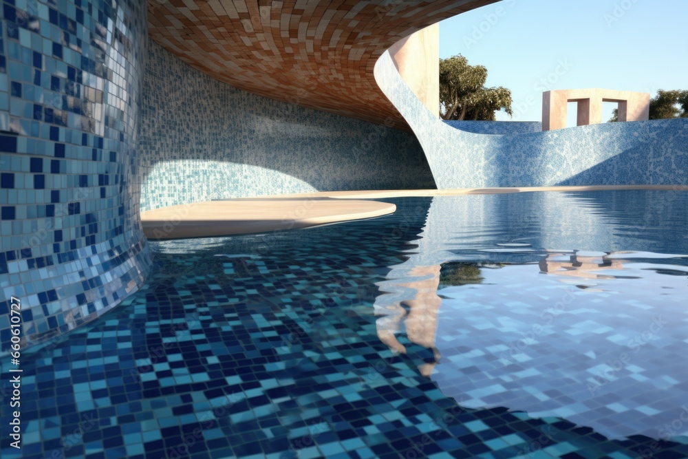Poster a picture of a pool with a blue tiled wall and a clear reflection of a person in the water. this ima