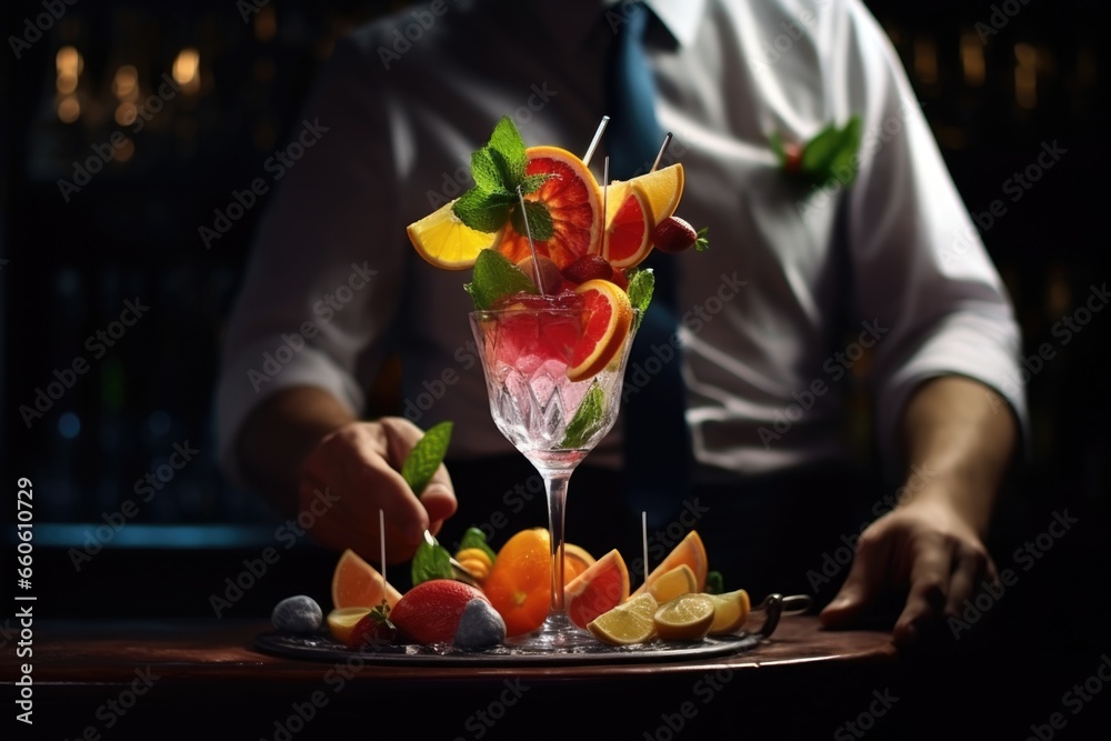 Poster A man is holding a tray of various fruits and a refreshing drink. This image can be used to showcase healthy eating, summer refreshments, or a waiter serving a delicious fruit platter.