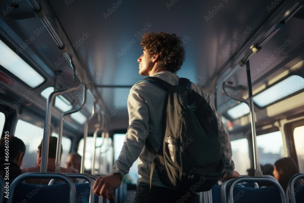 Poster a picture of a man with a backpack sitting on a bus. this image can be used to depict public transpo