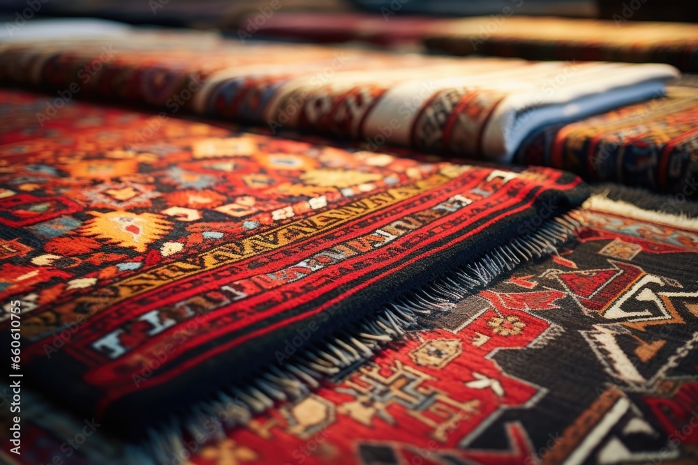 Poster A pile of oriental rugs neatly arranged on a table. Perfect for adding warmth and style to any interior design. .