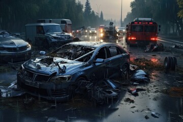 A group of cars stuck in the mud. Suitable for illustrating difficulties, obstacles, or off-road adventures.