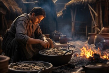 A man is seen cooking food on a fire inside a rustic hut. This image can be used to depict outdoor...