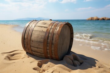 A wooden barrel sitting on top of a sandy beach. Perfect for adding a rustic touch to any...