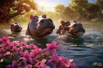 A group of hippos swimming in a river. This image captures the natural behavior of hippos in their habitat. Suitable for nature documentaries, wildlife articles, and educational materials. - obrazy, fototapety, plakaty