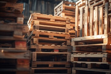A pile of wooden pallets stacked on top of each other. This versatile image can be used to represent logistics, transportation, storage, shipping, or industrial concepts.