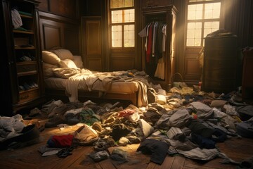 A cluttered bedroom with a messy bed and an abundance of clothes. This image can be used to depict disorganization, untidiness, or a busy lifestyle. It can also be used in articles or blog posts about