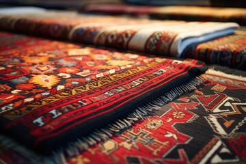 A pile of oriental rugs neatly arranged on a table. Perfect for adding warmth and style to any interior design. . - obrazy, fototapety, plakaty