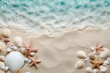 Fototapeta na wymiar Spiraled Sea shell composition. Top summer ocean. Generate Ai