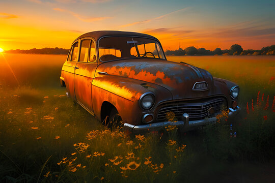old car in the sunset