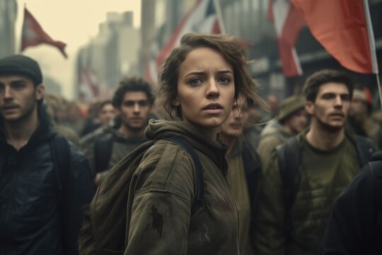 A group of people walking down a street holding flags. This image can be used to represent parades, protests, or celebrations.