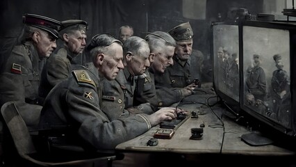 journalist took picture of generals from the german army high command staff in 1944 while they were playing on a videogame station connected to an old television post from the 30s They are having  - obrazy, fototapety, plakaty