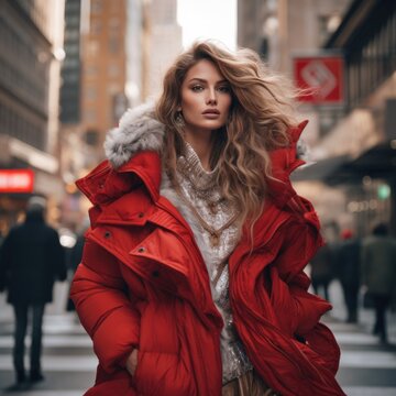 photo of a beautiful supermodel, in stylish winter clothes against the backdrop of skyscrapers. Fashion and style concept.