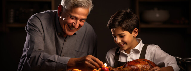 Fototapeta na wymiar Man teaches his grandkid how to cook a Thanksgiving turkey