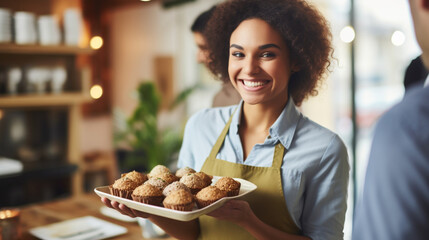 A confident and happy healthy woman vegan holding a tray of freshly baked vegan delights, blurred background, with copy space