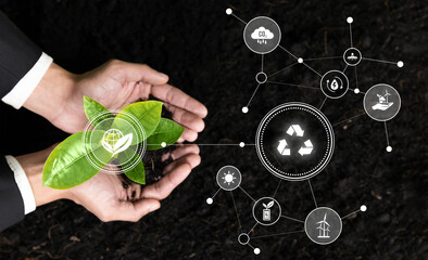 Businessman nurturing and growing plant seedling with recycle symbol. Business commitment and...