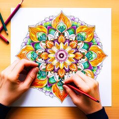 Colorful mandala illustration for adult coloring book promoting relaxation and stress relief