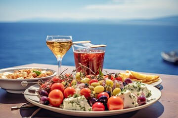 Naklejka premium Dinner of Greek cuisine against the backdrop of the sparkling blue Aegean Sea. Food photography