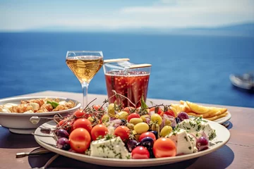 Poster Dinner of Greek cuisine against the backdrop of the sparkling blue Aegean Sea. Food photography © Daniil