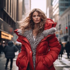 photo of a beautiful supermodel, in stylish winter clothes against the backdrop of skyscrapers. Fashion and style concept.