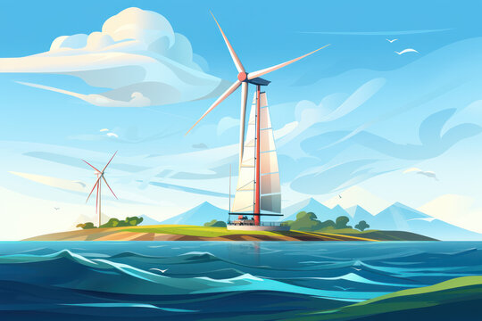 Big offshore wind turbines along the sea or ocean coast, alternative energy sources, green eco energy, illustration
