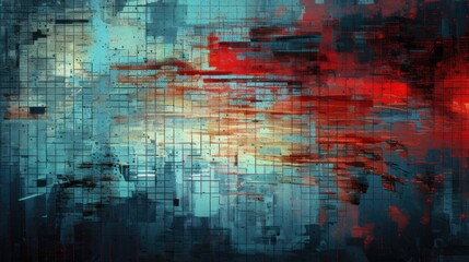 Abstract colorful grunge background with textured oil or acrylic brush strokes and glitch geometric shapes
