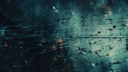 Сlose-up of a broken glass window. Abstract dark grunge background with cracks