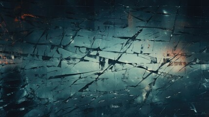 Сlose-up of a broken glass window. Abstract dark grunge background with cracks