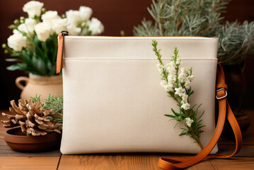 Women's clutch bag in white with a red handle and flowers on the table - obrazy, fototapety, plakaty