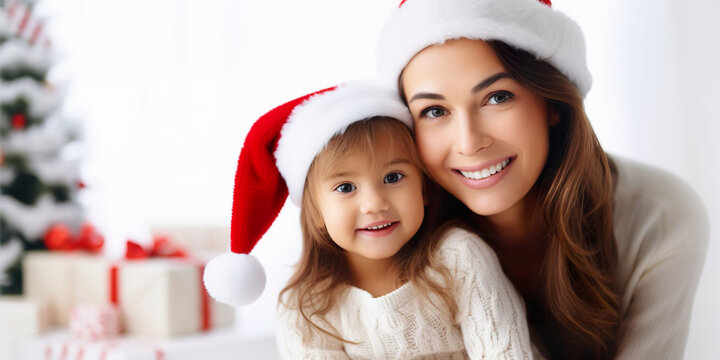 Mother and daughter with Santa hats, white background. Celebrate Christmas with family